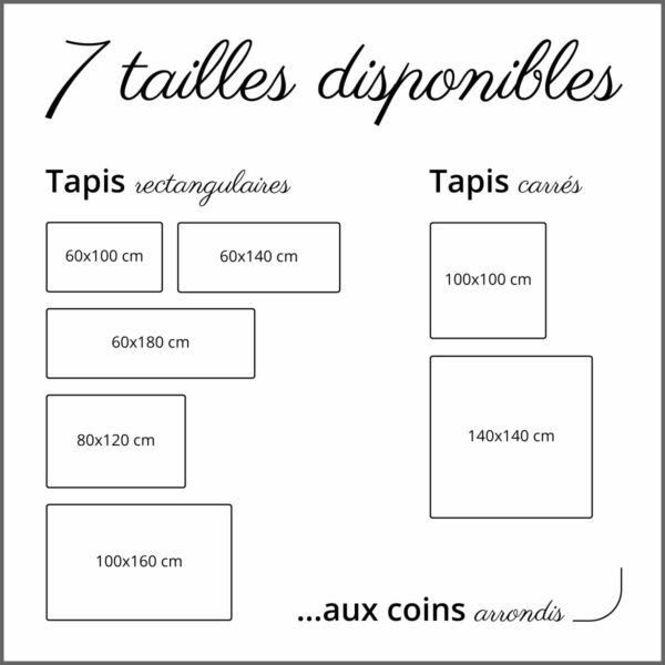 7 tailles disponibles de tapis vinyles, rectangulaires et carré aux coins arrondis