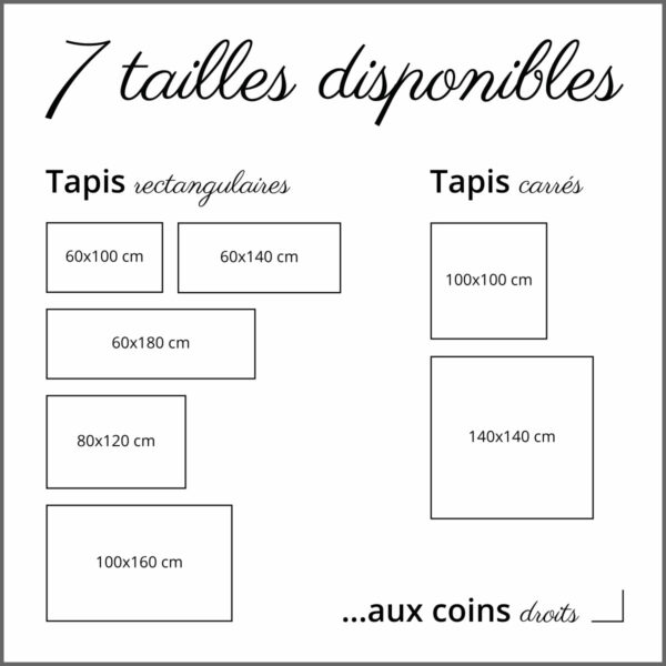 7 tailles disponibles de tapis vinyles, rectangulaires et carré aux coins droits