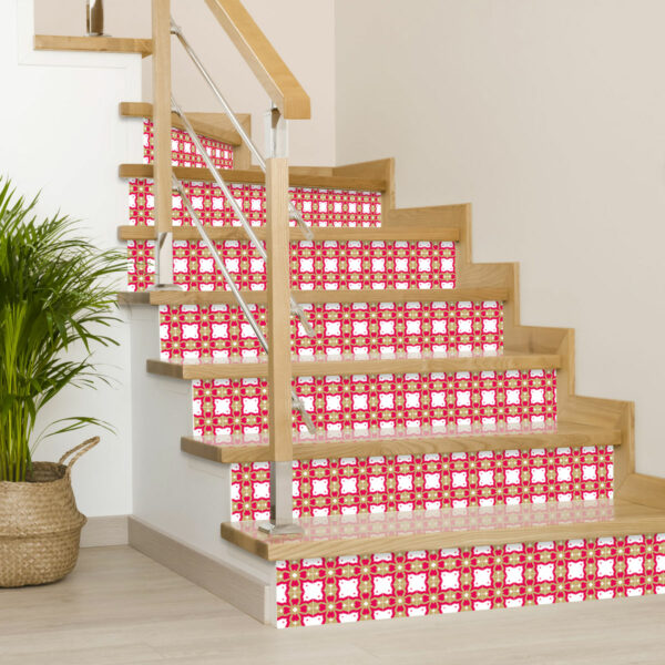 Adhésif pour contremarche d'escalier - Motif carreaux de ciment Fleur de plume framboise et or - Mon Carré Créatif