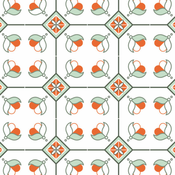 Détail motif carreaux de ciment Tulipes cabochons orange vert amande - Mon Carré Créatif