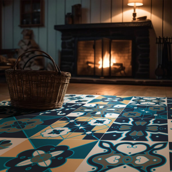 Tapis vinyle Carreaux de ciment Pêle-mêle bleu jaune et anthracite - Mon carré créatif